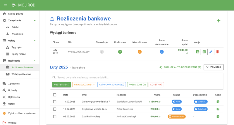 Automatyczne rozliczenia wyciągów bankowych ROD - dopasowanie wpłat do działek