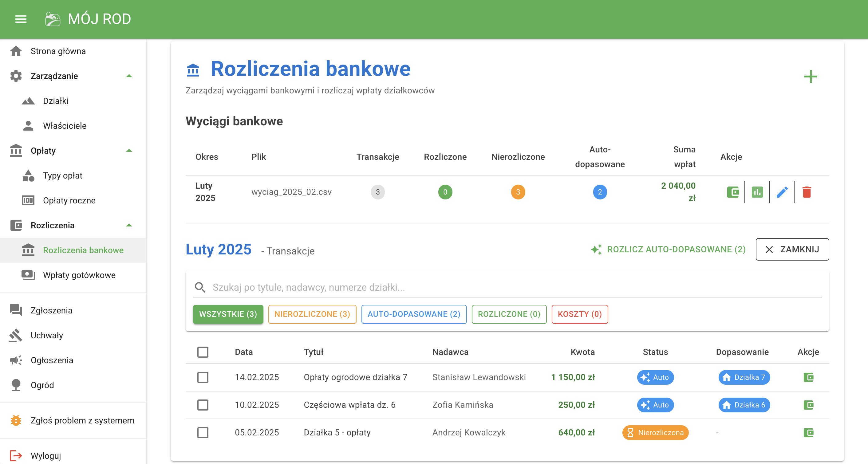 Ekran automatycznych rozliczeń bankowych w systemie MÓJ ROD