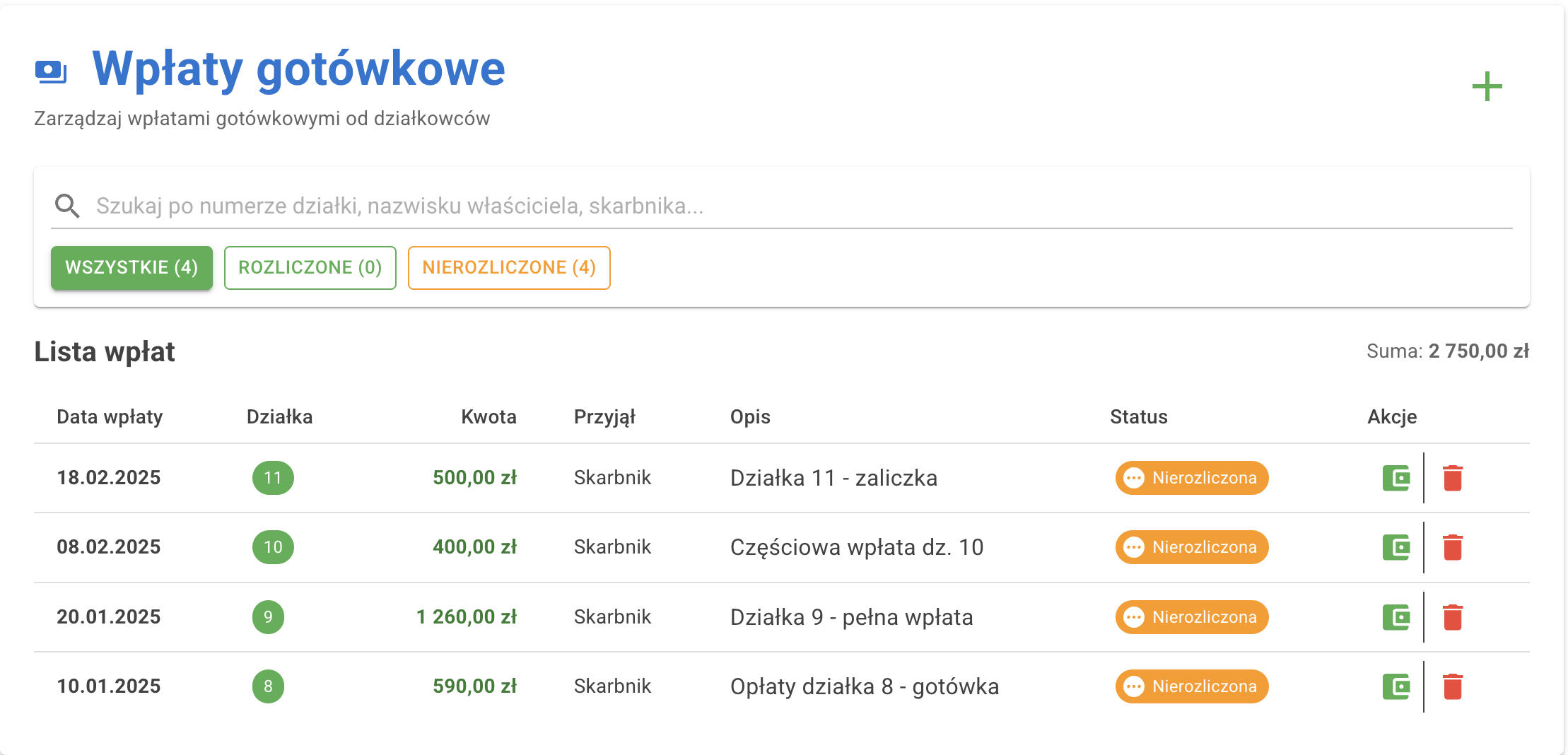 Ewidencja wpłat gotówkowych ROD - raporty kasowe i pokwitowania
